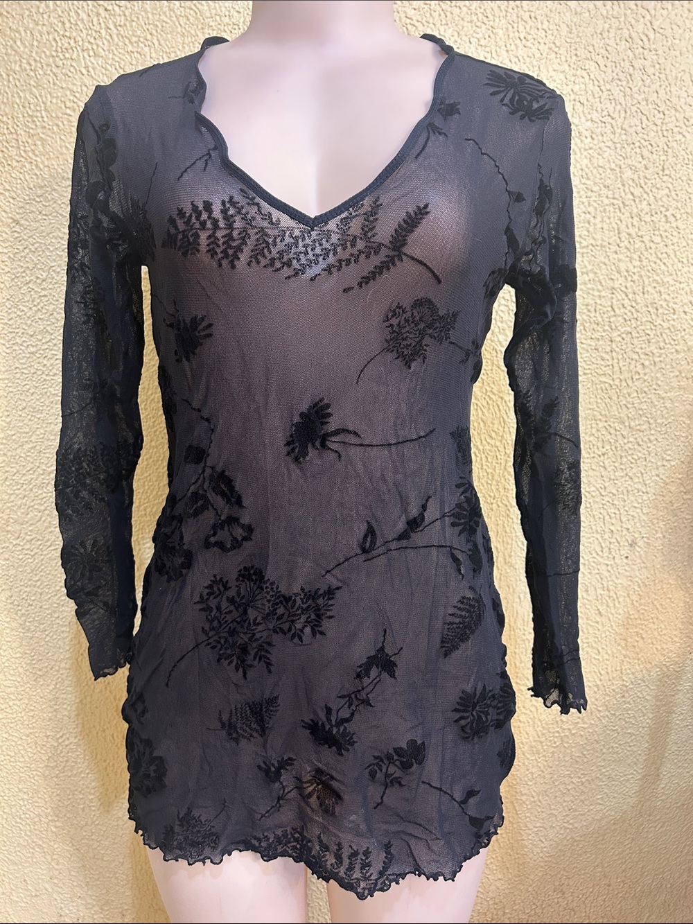 Victoria's Secret Black Sheer Floral V‑Neck Long Sleeve Dress